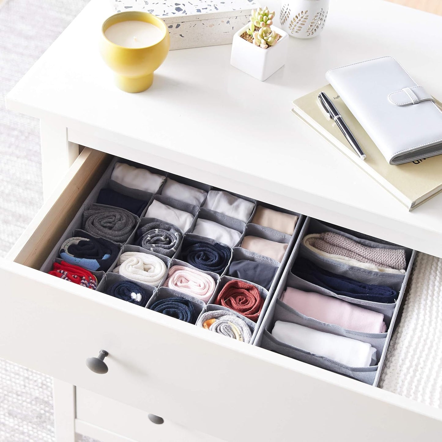 Amazon Basics Collapsible Cloth Drawer Organizer Boxes for Socks, Underwear and Baby Clothes, Storage Bins, Gray, Set of 6