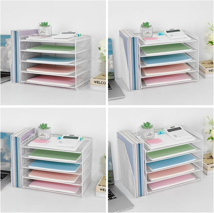 OPNICE Desk Organizer, 5-Tier Paper Organizer Letter Tray with Magazine Holder, Office Desk Accessories & Workspace Organizers, Desktop File Organizer for Office Supplies Storage, Black