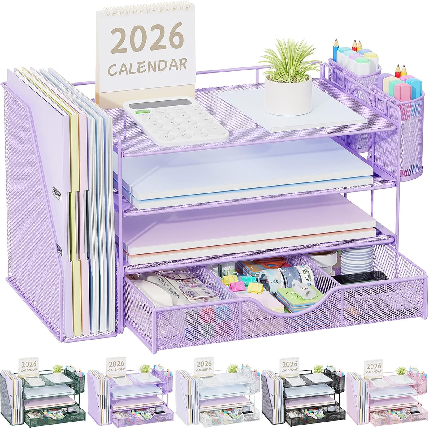 gianotter Desk Organizers and Accessories with File Holder, 4-Tier Desk Accessories & Workspace Organizers with Drawer and 2 Pen Holder, Paper Organizer for Office Supplies (Rose Gold)