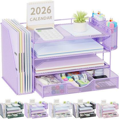 gianotter Desk Organizers and Accessories with File Holder, 4-Tier Desk Accessories & Workspace Organizers with Drawer and 2 Pen Holder, Paper Organizer for Office Supplies (Rose Gold)