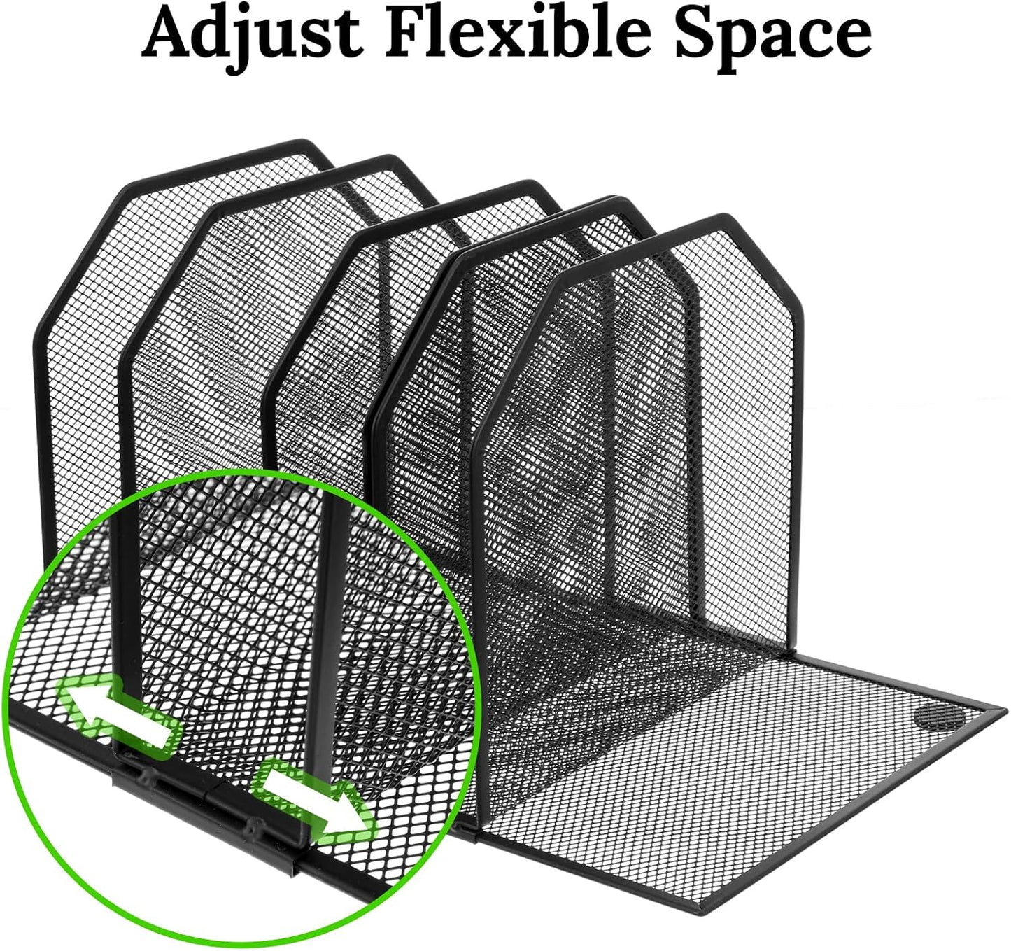 Metal Mesh File Organizer, Adjustable 7 Section Vertical Desk File Holder, Black Office Heavy-Duty Document Sorter for Books Binders, Laptops