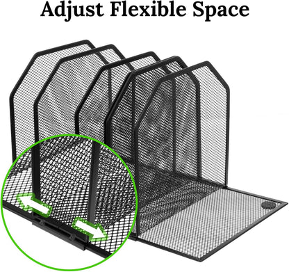 Metal Mesh File Organizer, Adjustable 7 Section Vertical Desk File Holder, Black Office Heavy-Duty Document Sorter for Books Binders, Laptops