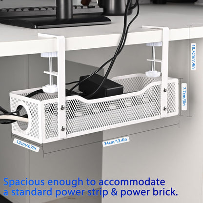 Under Desk Cable Management Box 25.3 Inch – Clamp-Mounted Cable Organizer Tray, Large Cord Management Box for Office & Home, Wire Organizer Under Desk Storage, White
