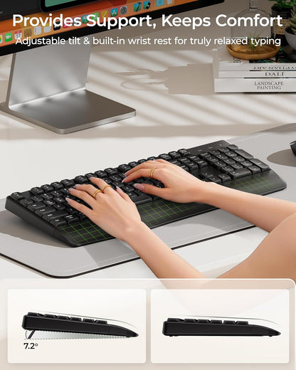seenda Wireless Bluetooth Keyboard and Mouse Combo, COE200 Ergonomic Wireless Keyboard Mouse with Wrist Rest, Multi-Device Connection, Full-Size, Compatible for Computer/Laptop/Mac/MacBook, Black