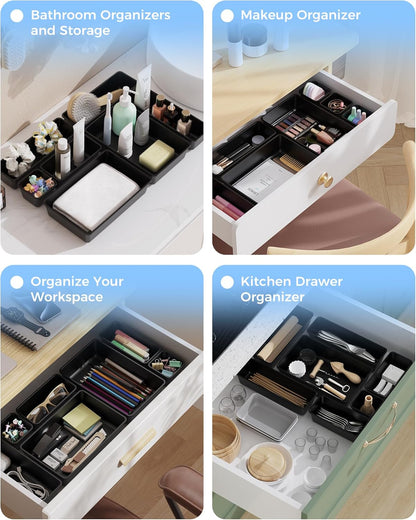 BiuLeon 25 PCS Plastic Drawer Organizers Set, 4-Sizes Vanity and Makeup Organizer, Desk and bathroom Drawer Organizer Trays, Organizers and Storage for Makeup, Jewelry, Gadgets, Utensils (Pink)