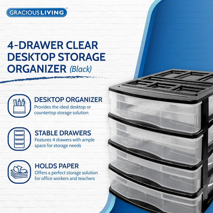 Gracious Living 4-Drawer Desktop and Countertop Storage Organizer Drawer Set, Plastic Office Desk Organizer, Black/Clear