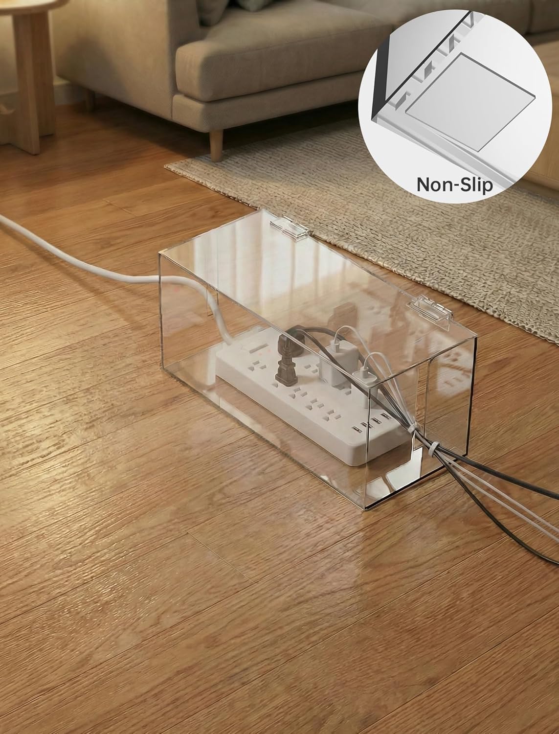 NiHome Large Clear Acrylic Cable Management Box, Power Strip Organizer with Ventilated Cover and Silicone Feet, Includes Reusable Ties, Transparent Cord Hider for Desk and Floor