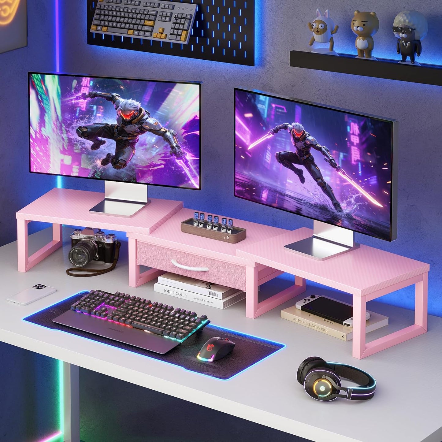 Dual Monitor Stand Riser, Desk Organizers and Accessories with Drawer, Computer Monitor Stands for Desk, Adjustable Desktop Shelf for PC Laptop Printer TV, Black