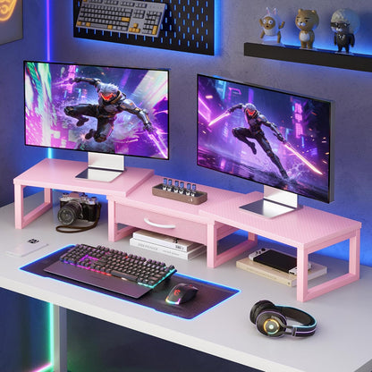 Dual Monitor Stand Riser, Desk Organizers and Accessories with Drawer, Computer Monitor Stands for Desk, Adjustable Desktop Shelf for PC Laptop Printer TV, Black