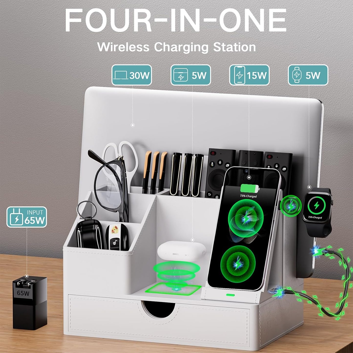 Black PU Leather Multi-Device Charging Station with Drawer - 6-in-1 Desktop Organizer for Phone, iPad, Tablet, Laptop, Watch, Headphones - Electronics Docking Hub & Storage Box for Office Home (Black)