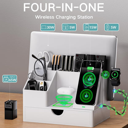 Black PU Leather Multi-Device Charging Station with Drawer - 6-in-1 Desktop Organizer for Phone, iPad, Tablet, Laptop, Watch, Headphones - Electronics Docking Hub & Storage Box for Office Home (Black)