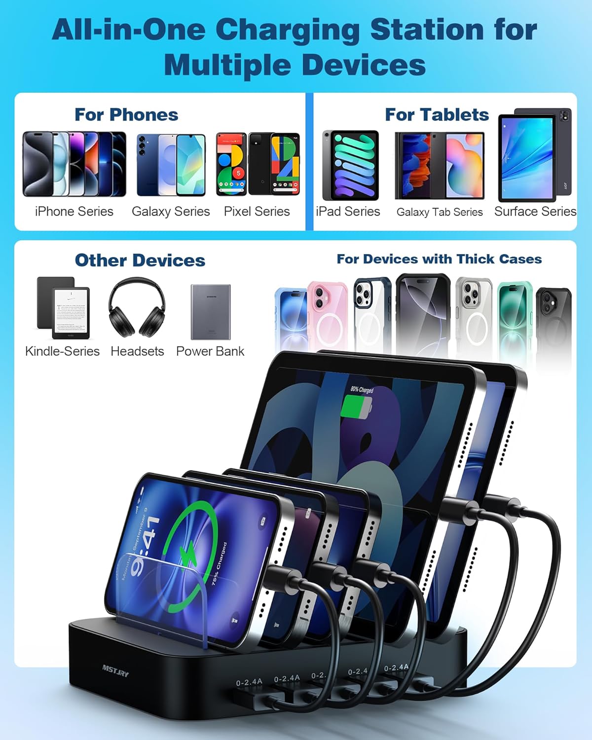 MSTJRY Charging Station for Multiple Devices : 5 Port Multi USB-A Charger Stations Multi-Device Organizer Charging Dock Designed for iPhone iPad Cell Phone Tablets (7 Short Cables Included)