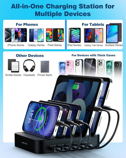 MSTJRY Charging Station for Multiple Devices : 5 Port Multi USB-A Charger Stations Multi-Device Organizer Charging Dock Designed for iPhone iPad Cell Phone Tablets (7 Short Cables Included)