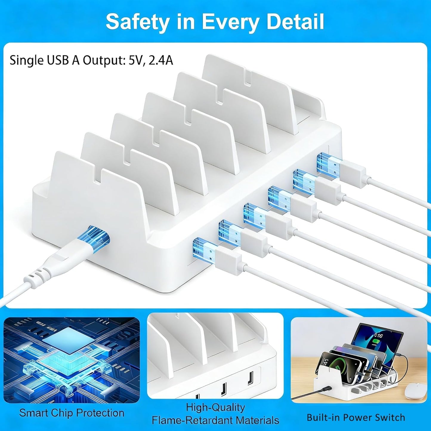 Charging Station for Multiple Devices, 6 Port USB Desktop Charger Dock Compatible with iPad, Samsung, Android, Tablet, Family Multi Phone Charging Organizer with Divider Holders, Fireproof ABS (White)