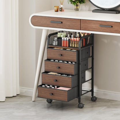 SWTYMIKI Rolling Makeup Organizer Cart - Under Desk Vanity Makeup Storage with 3 Non-woven Drawers, Nail Cart Organizer Cosmetic Display Cases Cabinet for Skin Care Perfume Nail Polish Brush Hair Tool