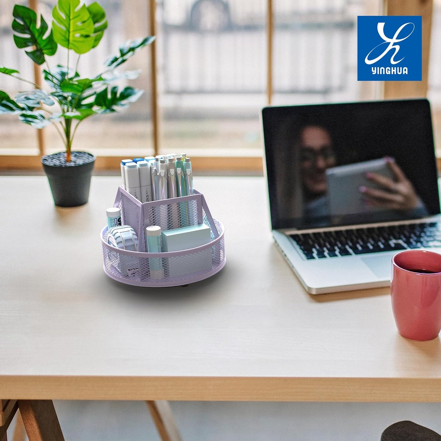 YINGHUA Metal Mesh Desk Organizer with 5 Compartments and Rotating Pencil Holder Pen and Stationery Organizer for Office Home School Anti Slip Base Blue