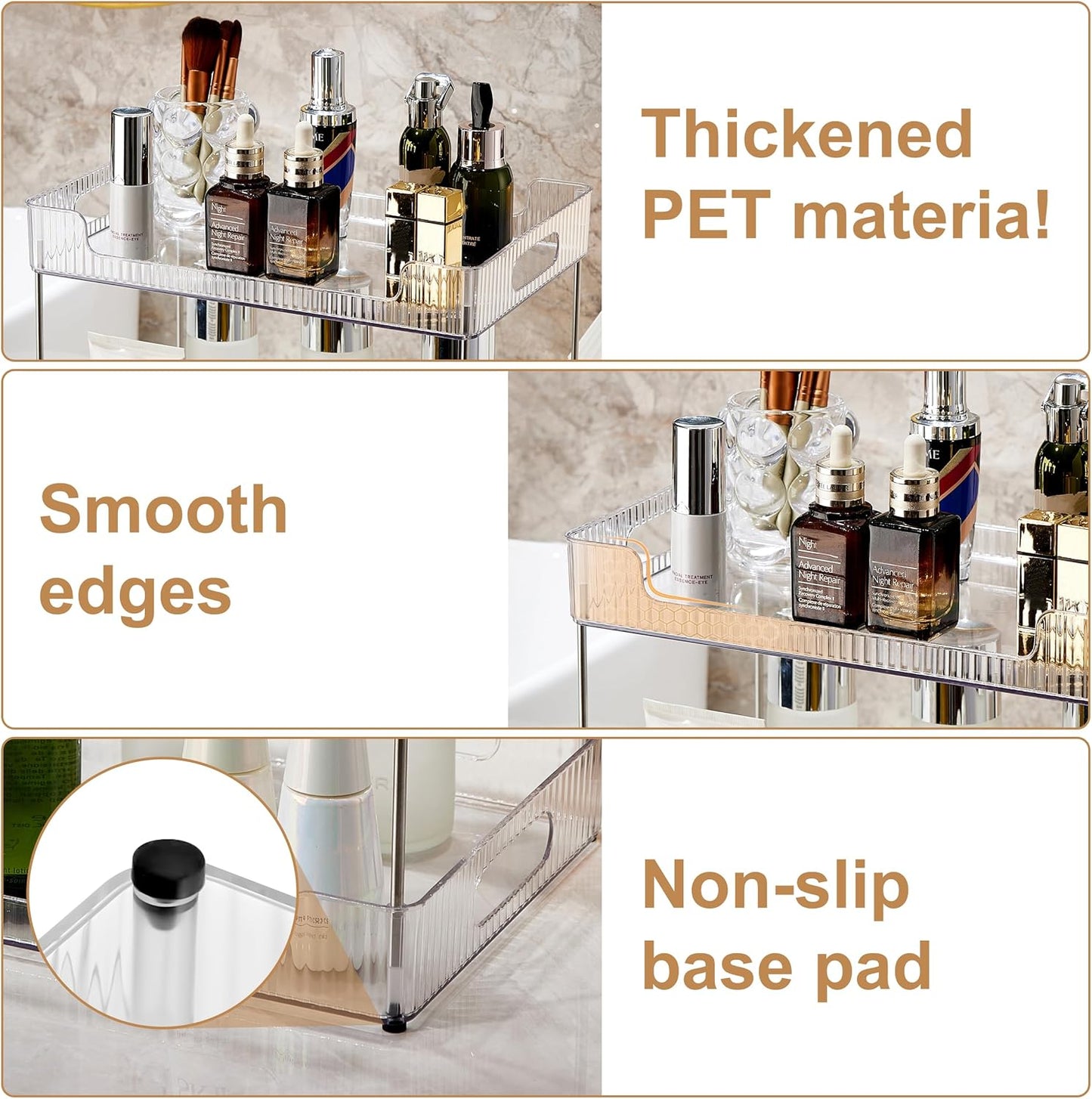 Goderewild 3 Tier Bathroom Counter Organizer, Multi-Purpose Cosmetics Skincare Shelf, Fits A4 Size Makeup Organizer for Office and Vanity Tray, Countertop Storage Solution for Kitchen,Bath.(Clear)