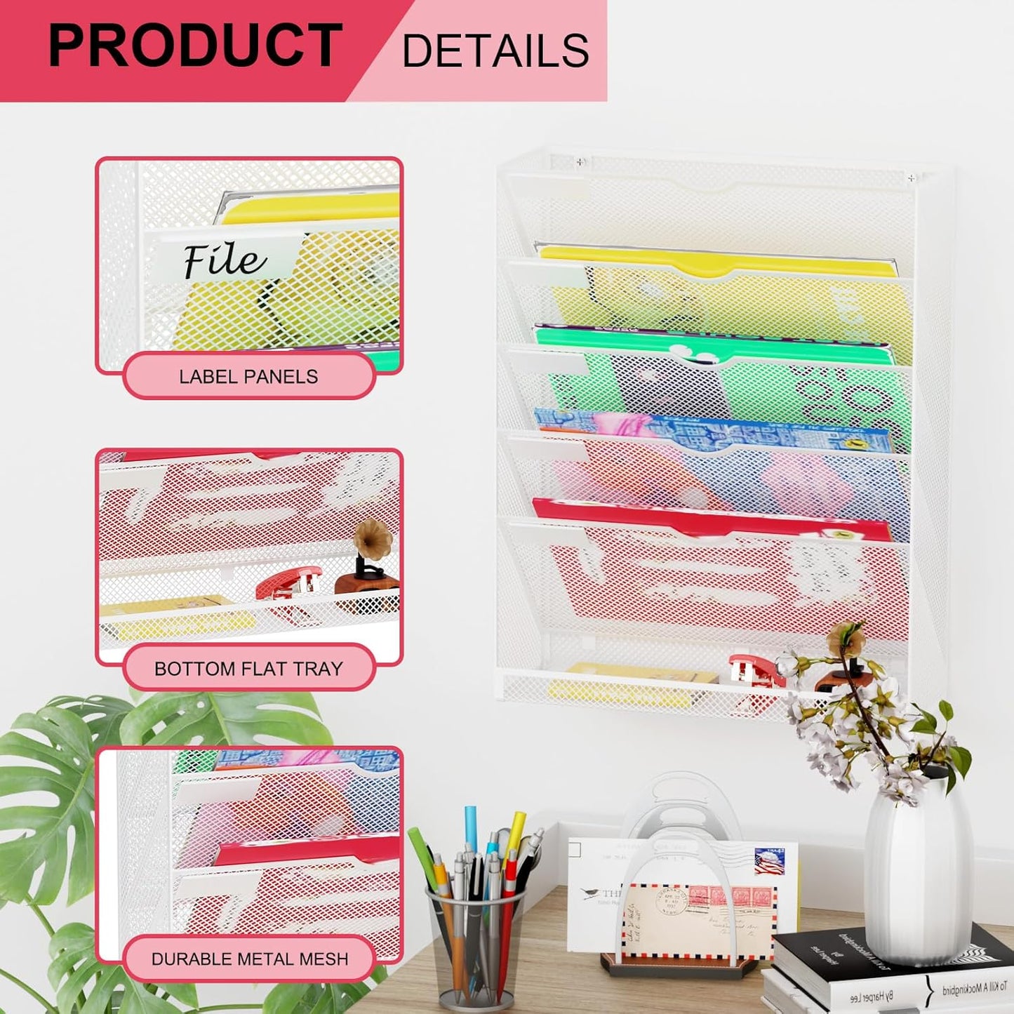 Wall File Organizer Holder Mesh Hanging Paper Document Holder,Vertical 6 Pocket Tier for Office Home, Black