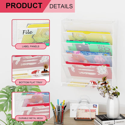 Wall File Organizer Holder Mesh Hanging Paper Document Holder,Vertical 6 Pocket Tier for Office Home, Black