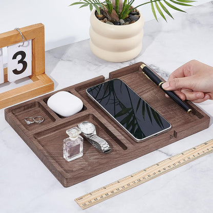 4 Piece Wooden Desk Organizer Tray With Pen Holder, Walnut Wood Pencil Holder, Minimalist Desk Accessories, Mens Valet Tray Office Supplies, Stationery Pen Key Wallet Catchall Trays