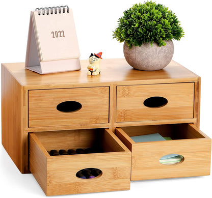 ZOOFOX Bamboo Desk Organizer, 100% Natural Bamboo Tabletop Storage Box with 4 Drawers, Night Stand Table Organizer, Wooden Desktop Drawer Organizer for Makeup Vanity Office Supplies