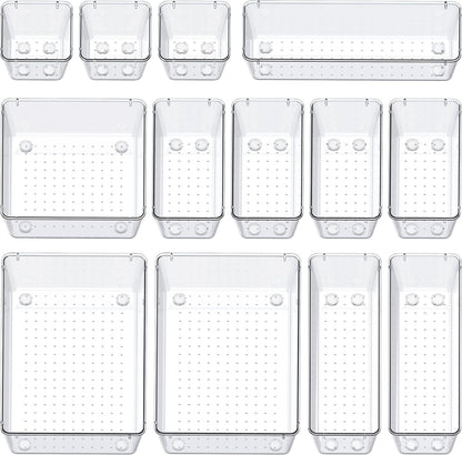SMARTAKE 13-Piece Drawer Organizers with Non-Slip Silicone Pads, 5-Size Desk Bathroom Drawer Organizer Trays Storage Tray for Makeup, Jewelries, Utensils in Bedroom Dresser, Office and Kitchen, Clear