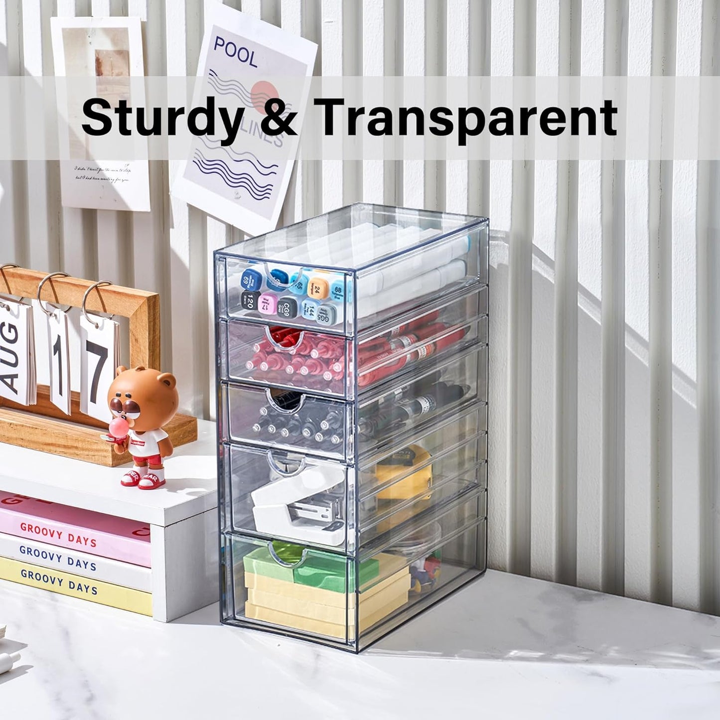 Prsildan Acrylic Makeup Organizer, 2 Pack Stackable Storage Drawers with 6 Drawers for Office Desk Vanity Craft Room Clear Drawer Organizers for Hair Accessories Art Supplies Cosmetics Modular System
