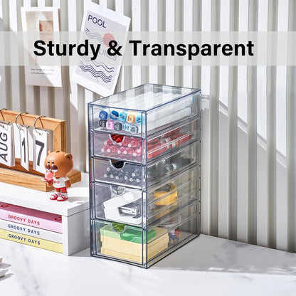 Prsildan Acrylic Makeup Organizer, 2 Pack Stackable Storage Drawers with 6 Drawers for Office Desk Vanity Craft Room Clear Drawer Organizers for Hair Accessories Art Supplies Cosmetics Modular System