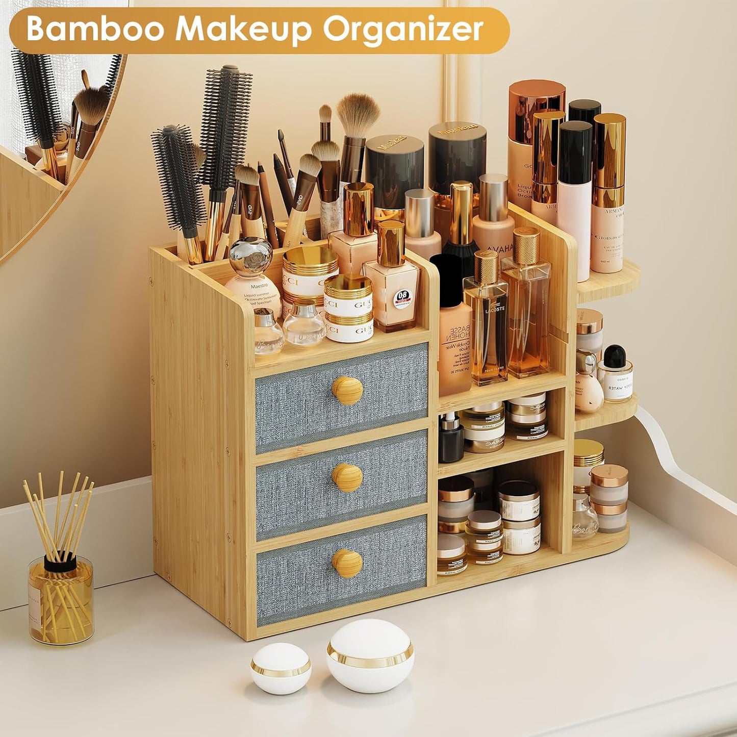Large Makeup Organizer For Vanity, Large Capacity 3 Tiers Bamboo Bathroom Counter Organizers and Storage, Countertop Makeup Brush Holder, Nail Polish Perfume Stand with 3 Drawers and 10 Compartments