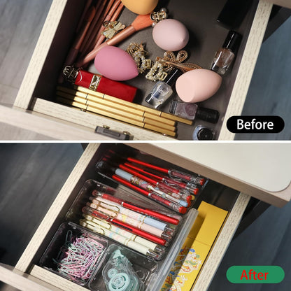 Drawer Organizer with Non-Slip Silicone Pads Set of 15,Clear Plastic Vanity Organizer Storage Bins Containers,4 Size Desk Organizer Tray