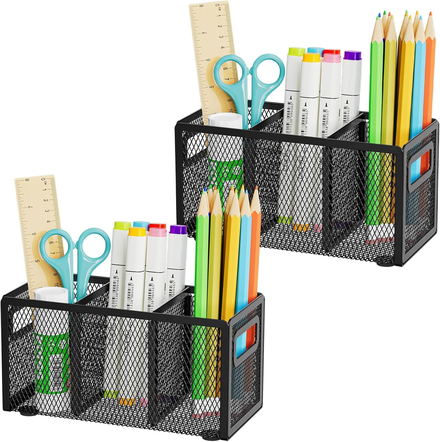 Marbrasse Mesh Pen Holder for Desk,Pencil Holder Desk Organizer 3 Adjustable Compartments,Pencil Cup with Handle Perfect for Classroom, Office, Home,Makeup,Art (Black)