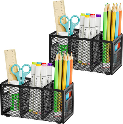 Marbrasse Mesh Pen Holder for Desk,Pencil Holder Desk Organizer 3 Adjustable Compartments,Pencil Cup with Handle Perfect for Classroom, Office, Home,Makeup,Art (Black)