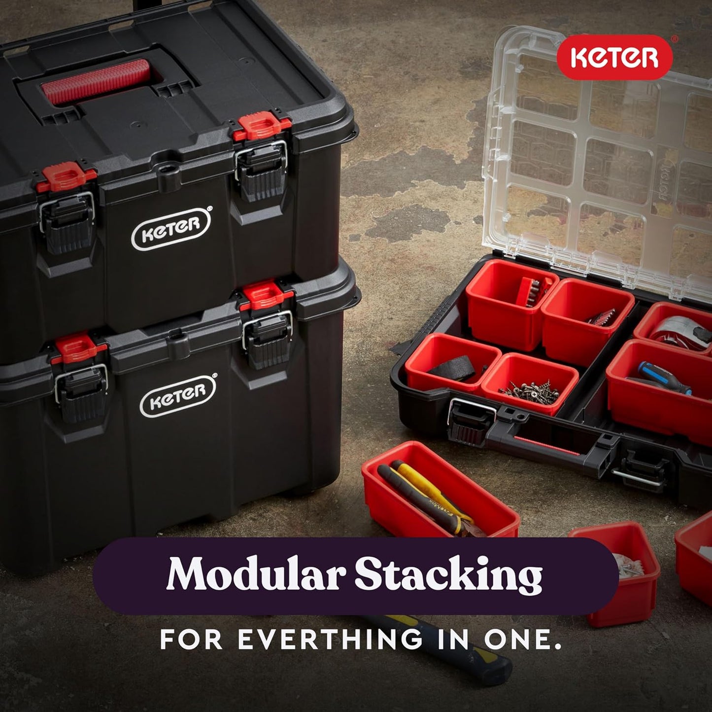 Keter Stack-n-Roll Two Drawer Tool Box for Small Parts and Power Tool Accessories, Fits Keter Modular Tool Storage System