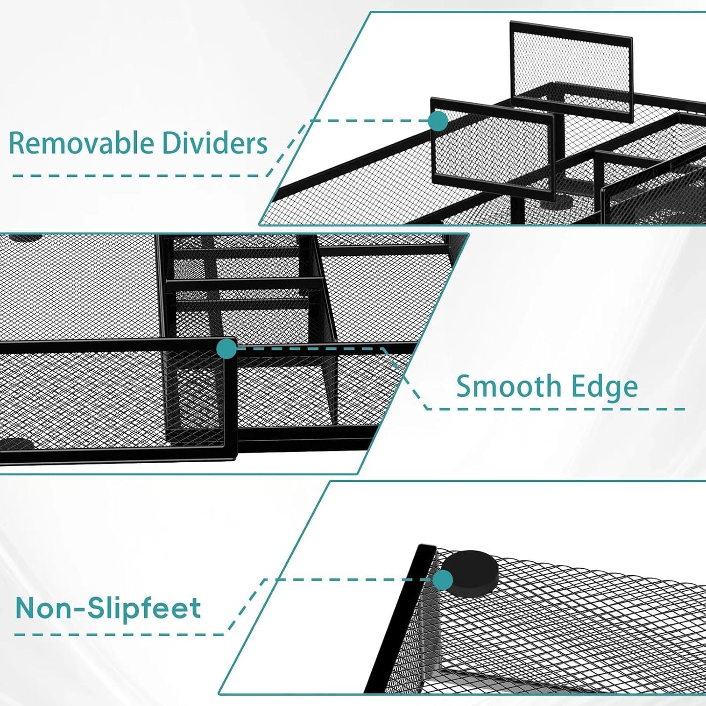 Expandable Desk Drawer Organizer Tray with 10 Adjustable Compartments, Metal Mesh Office Drawer Organizer, Versatile Desk Organizer for Home, School Supplies, Makeup Vanity & Jewelry (Black)