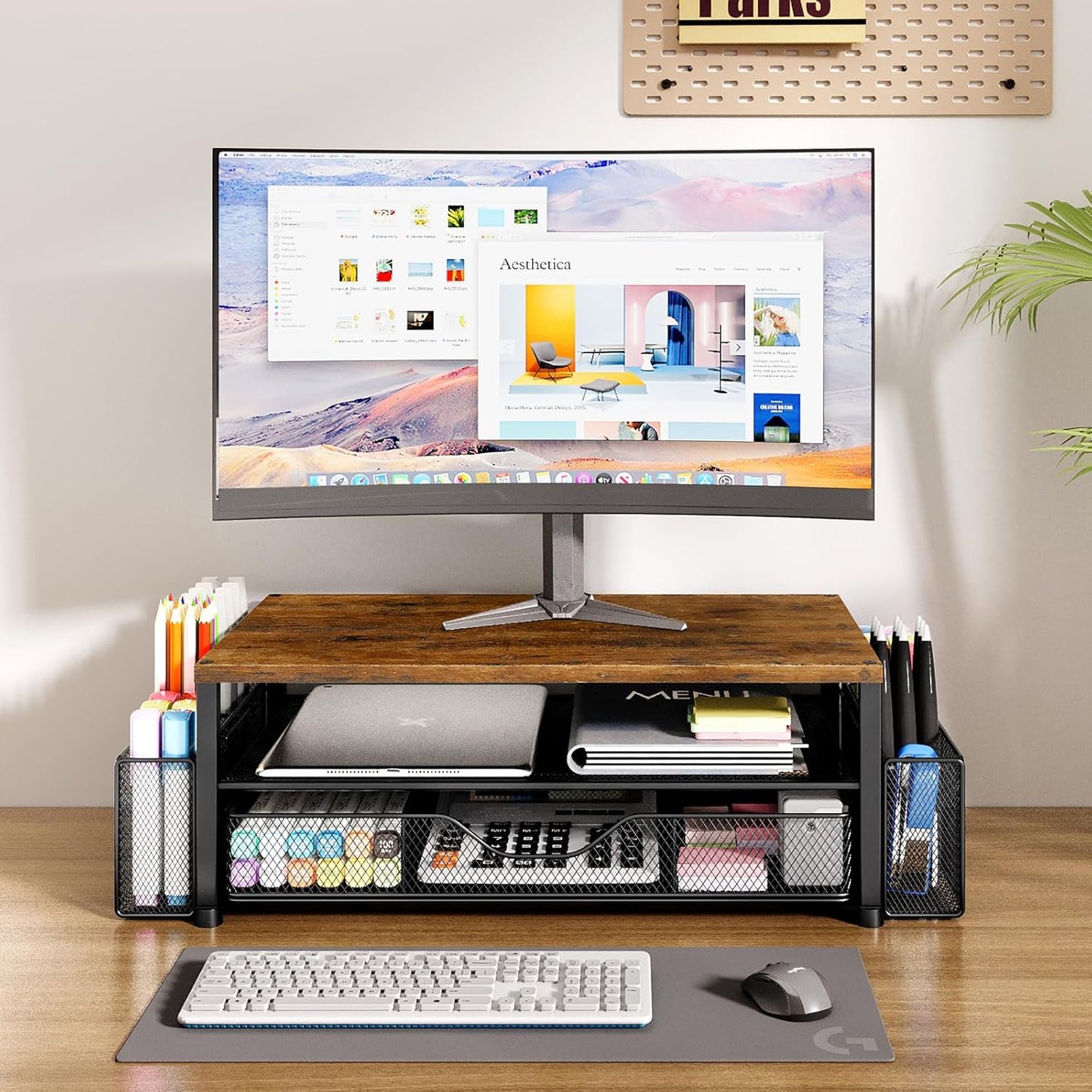 OPNICE Desk Organizer and Accessories, 2-Tier Computer Monitor Stand Riser with Drawer and 2 Pen Holders, Laptop Stand, Office Desk Accessories for Office Supplies, Black