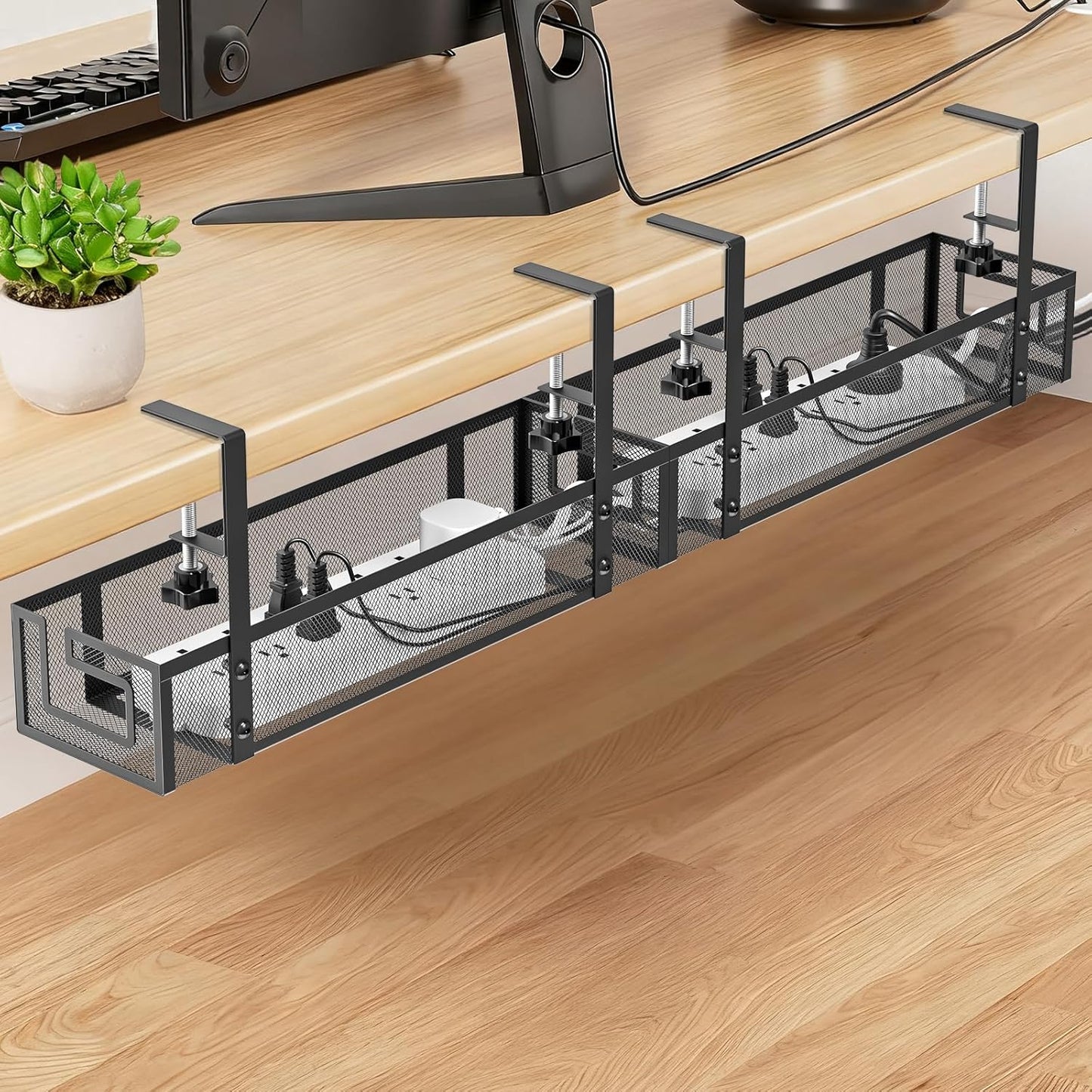 Under Desk Cable Management Tray, GZOKMOG 15.75" No Drill Cable Management Under Desk, Heavy Duty Metal Cord Organizer, Home Office Wire Management for Standing/Gaming Desk, 1 Pack Black