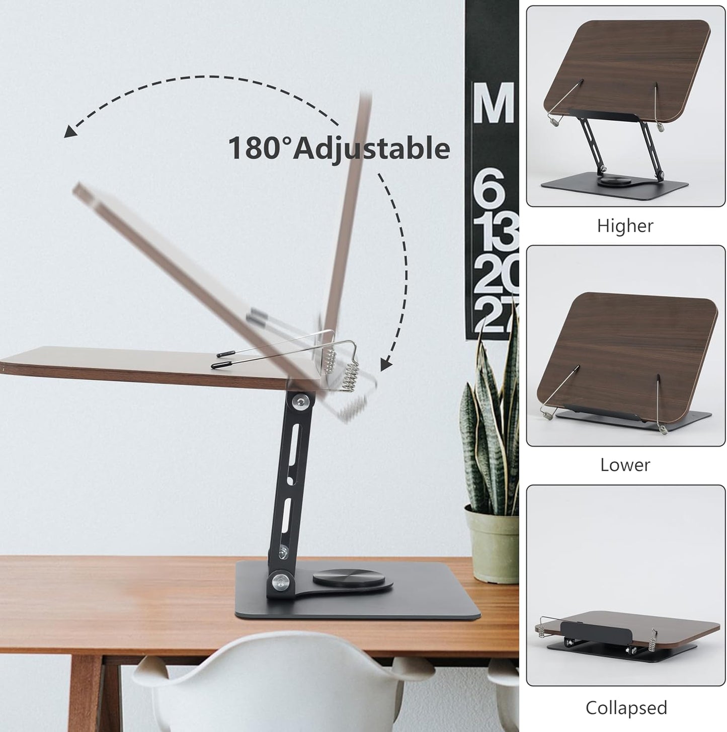 Book Stand for Reading, Multi-Angle & Height Book Holder with 360° Swivel Base, Lightweight Foldable Cookbook Stand for Kitchen, Office, Textbook, Recipe, Music Scores, Kindle, Tablet