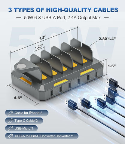 Charging Station for Multiple Devices, Honcila 6 in 1 Multi Charger Station Charging Dock for Cellphone Tablet iPhone iPad and More - 50W Charging Station Organizer with 6 Mixed Charging Cables