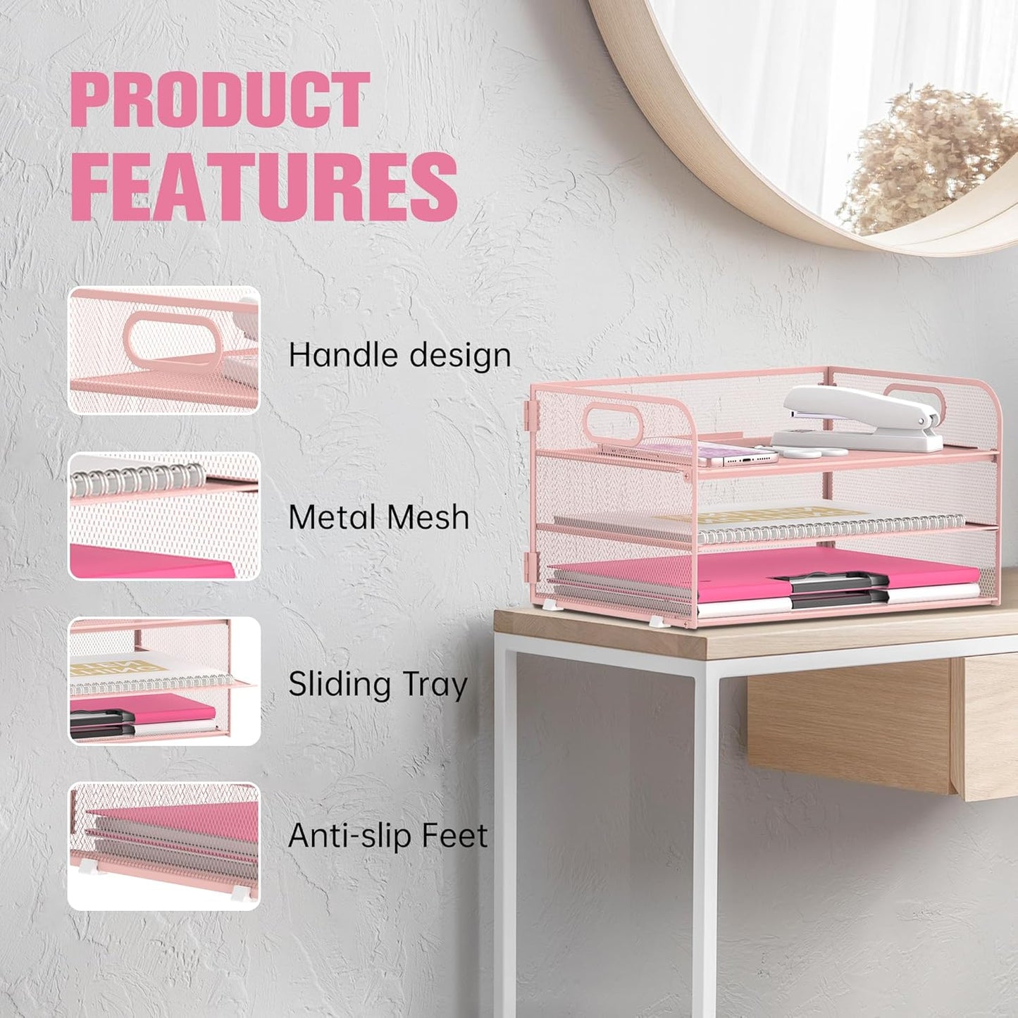 DALTACK 3 Tier Paper Organizer with Handle, Mesh Metal Desk Organizer with Sliding Paper Trays for Letter/A4 Paper, Mail, Bills & Folders, Black