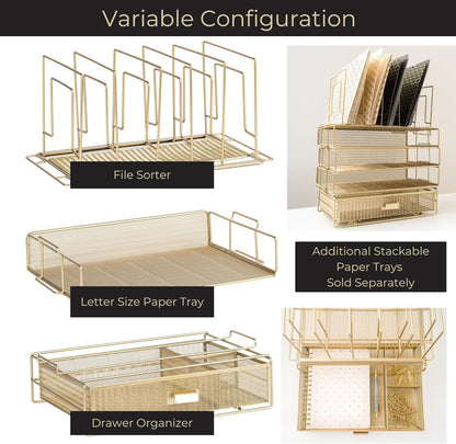 BLU MONACO | Gold Desk Organizer Set with Detachable File Organizer, Stackable Paper Tray & Storage Drawer | Stylish Gold Desk Accessories for Women & Office Organization