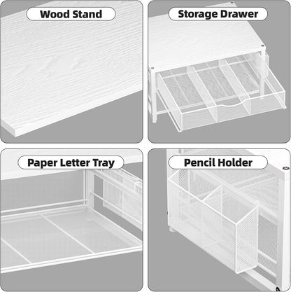 Marbrasse Metal Printer Stand for Desk with Storage Drawer and 2 Pen Holders, 2-Tier Desktop Organizer Printer Table for Home Office, Multi-Purpose Desk Organizer for Fax Machine Scanner Files(Black)