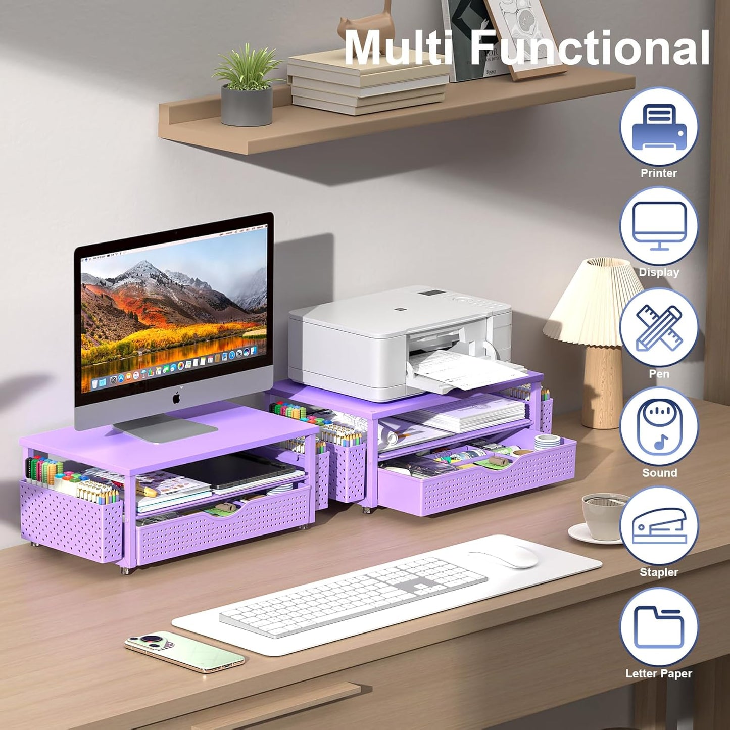 Spacrea Desk Organizer and Accessories, Computer Monitor Stand Riser with Drawer and 2 Pen Holders, Office Desk Accessories & Workspace Organizers for Office Supplies (Black)