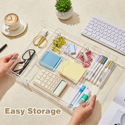 Briwooody 1 Pcs Acrylic Desk Drawer Organizer 9'' up to 16'' x 12'' x 2.2'' Expandable Drawer Organizer Trays with 10 Adjustable Compartments Clear Desk Accessories for Makeup Office Bathroom