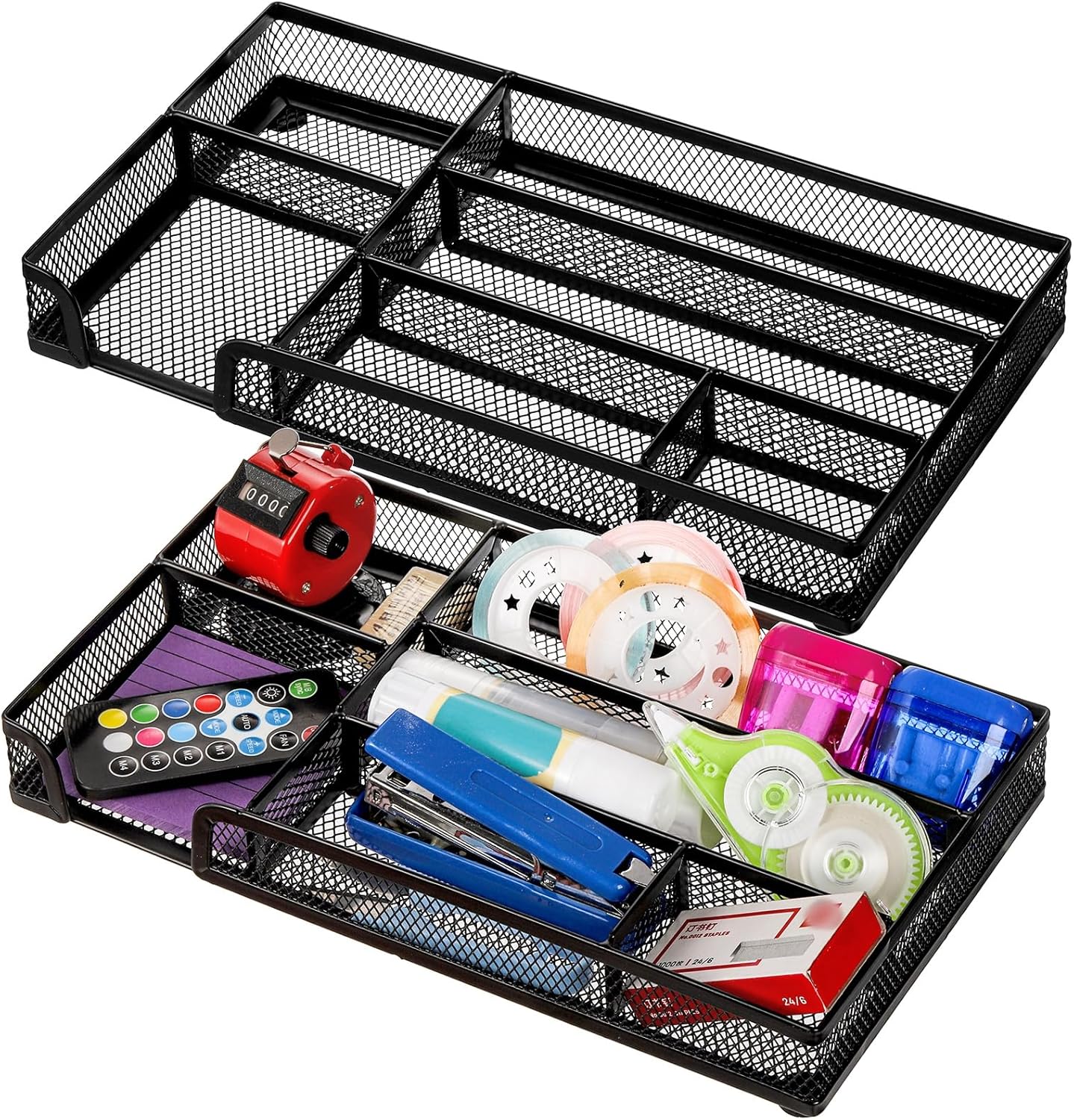 Noamus 2 Pack Desk Drawer Organizer, Metal Mesh Drawer Office Tray, 6 Compartments Pen Organizer Storage Box, Desktop Basket Accessories for Home Office School Kitchen Vanity Supplies, Black