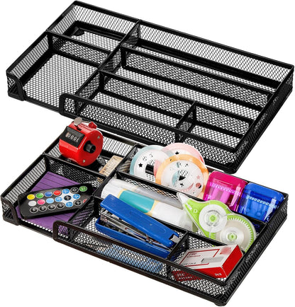 Noamus 2 Pack Desk Drawer Organizer, Metal Mesh Drawer Office Tray, 6 Compartments Pen Organizer Storage Box, Desktop Basket Accessories for Home Office School Kitchen Vanity Supplies, Black