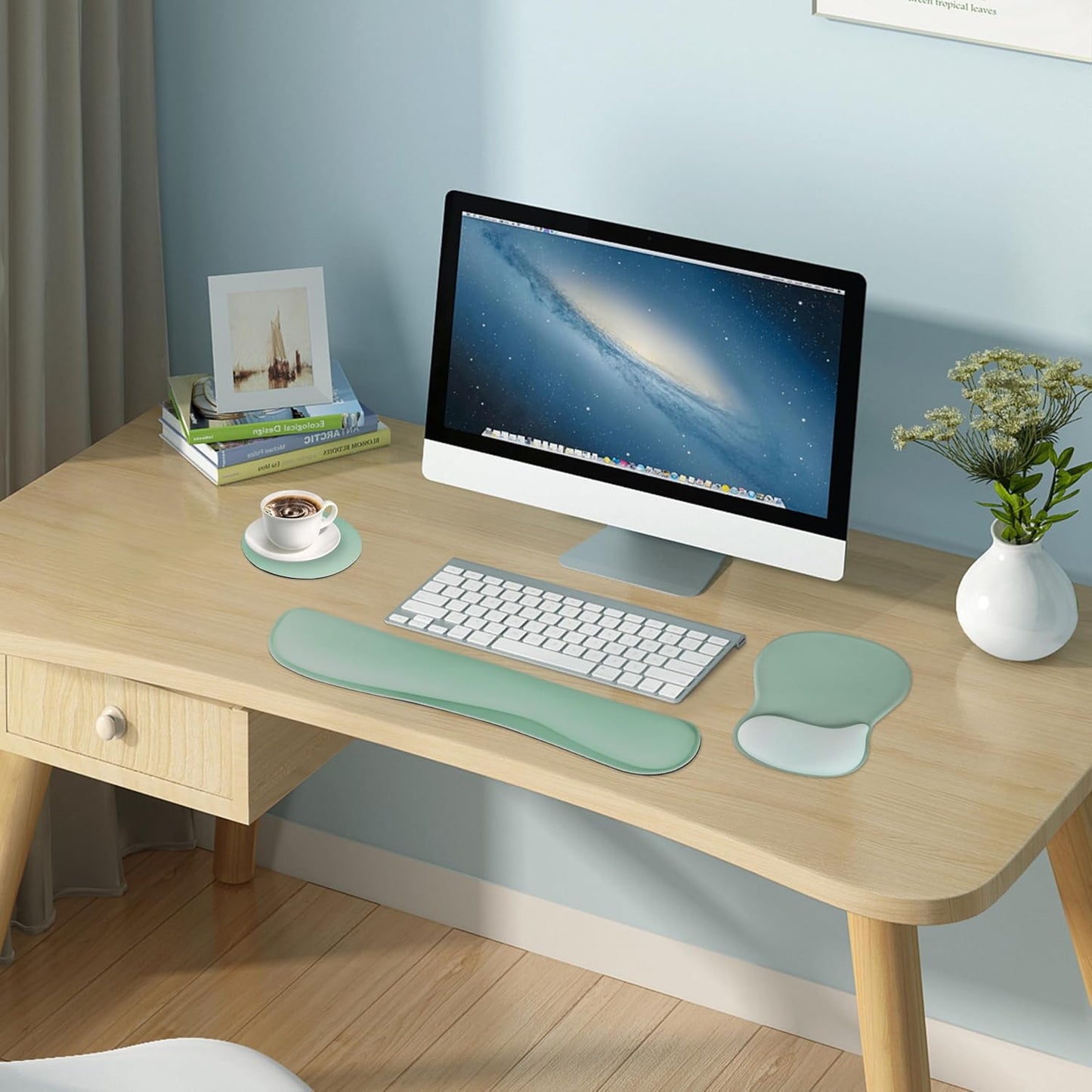 Wrist Rest Support for Mouse Pad Keyboard Set Circle Coaster Gaming Mouse Pad Ergonomic Gel Memory Foam Set for Computer, Laptop, Office, Pain Relief, Comfortably Typing Flowers KM-39