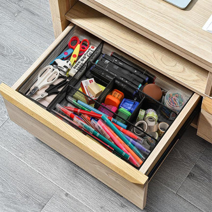 Hiceeden 2 Pack Mesh Desk Drawer Organizer, 16.1"x12.2"x2" Large Desk Organizer Tray with 2 Removable Dividers, 6 Compartment Metal Organizers for Home, Office, Makeup & Vanity