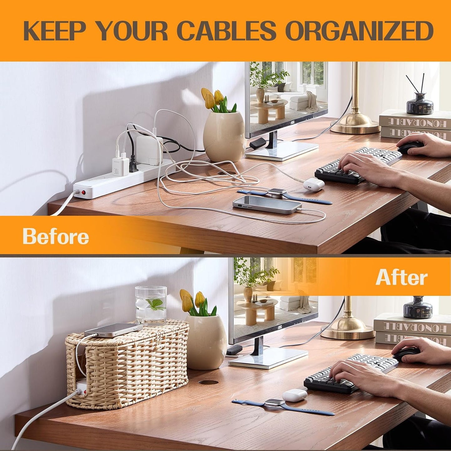 FairyHaus Cable Management Box 2Pack Caramel, Handwoven Large and Small Cable Organizer Box Cover to Hide Cords and Power Strip, Imitation Wicker Cord Organizer Box Hider for Office Desk and Floor