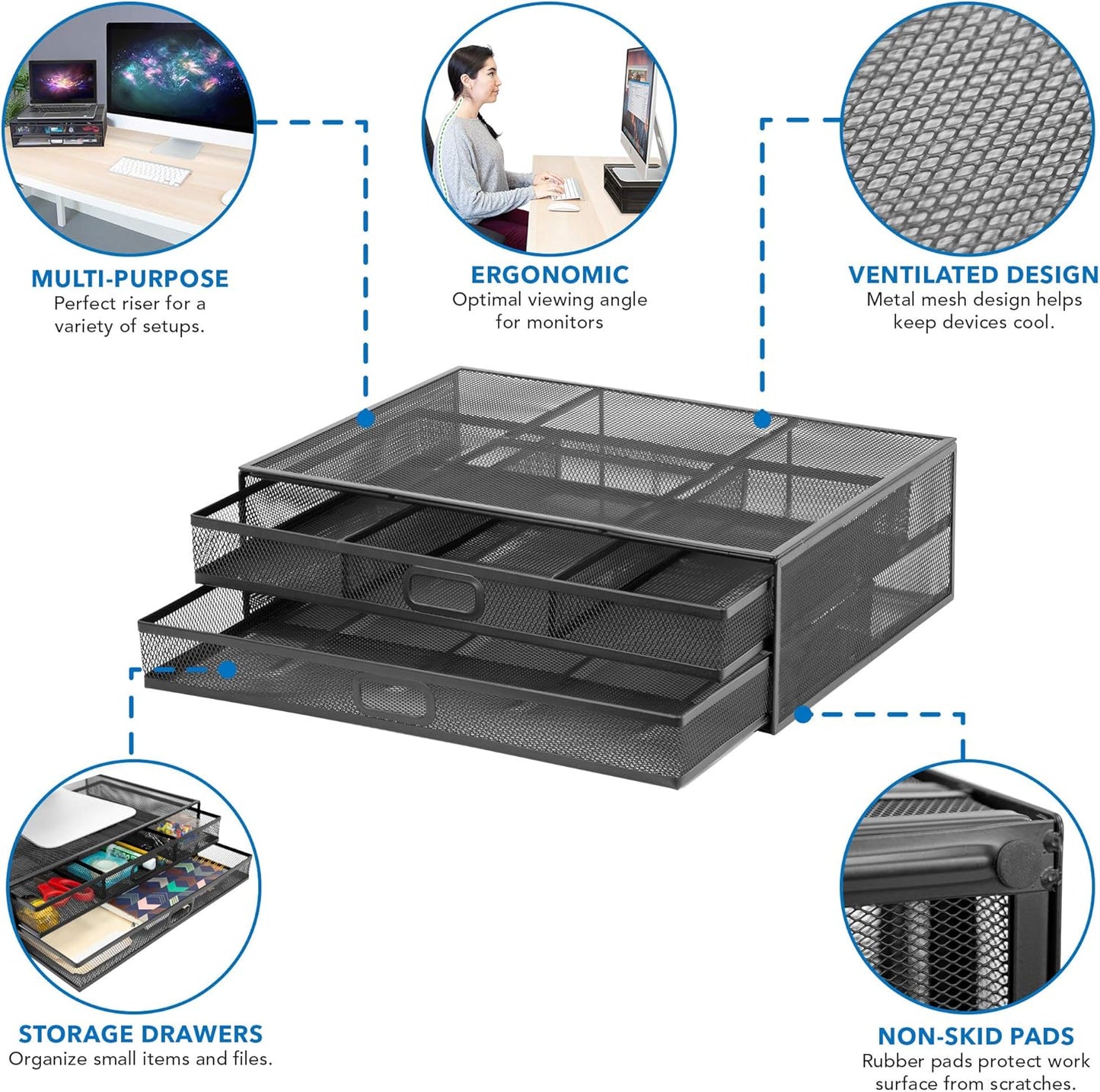 Mount-It! Mesh Computer Monitor Stand Riser [Metal] Desk Organizer with Two Pullout Storage Drawers for Desktop, Laptop, and Printer Accessories and Office Supplies (White)