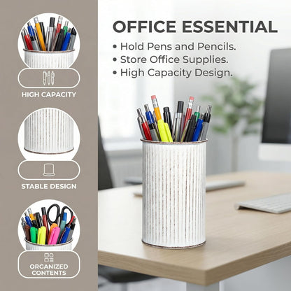 Metal Pen Holder with Vertical Groove Design, Multipurpose Desk Organizer Cup for Pens, Makeup Brushes, Utensils, Straws & Small Vase, Solid Black